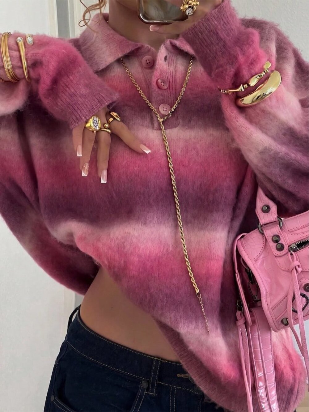 Pink Casual Women's Loose Drop Shoulder Zip Random Print Polo Pullover